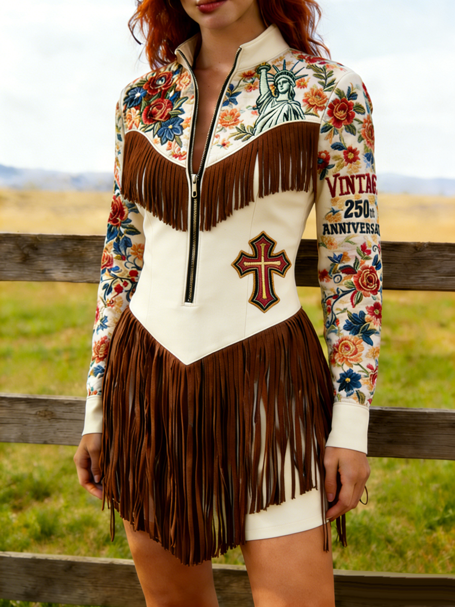 Flower Statue Of Liberty Cross Embroidered Tassel Western Dress